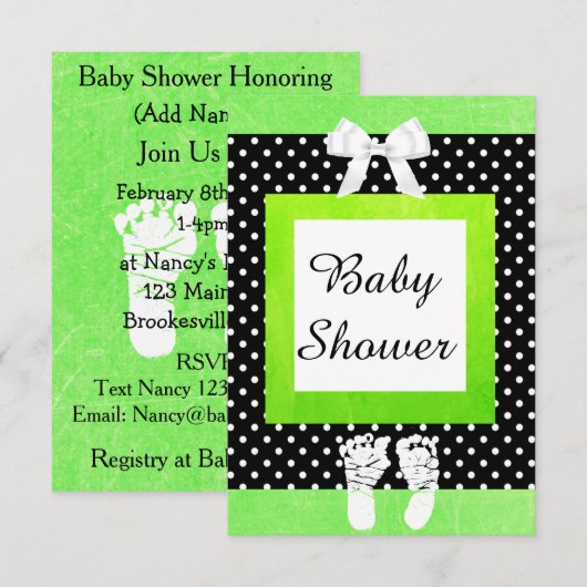 Lime Green & Black Polka Dot Baby shower Uitnodigi Kaart (Voorkant / Achterkant)