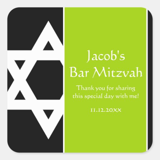 Lime Green Black Star van David Bar Mitzvah Favor Vierkante Sticker (Voorkant)