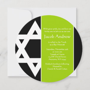 Lime Green Black Star van David Round Bar Mitzvah Kaart