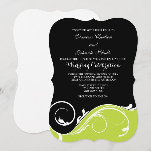 Lime Green Black Swirl Bracket Huwelijksuitnodigin Kaart (Voorkant / Achterkant)