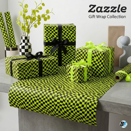Lime Green Black Warped Checkerboard Trippy Patter Cadeaupapier