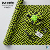 Lime Green Black Warped Checkerboard Trippy Patter Cadeaupapier