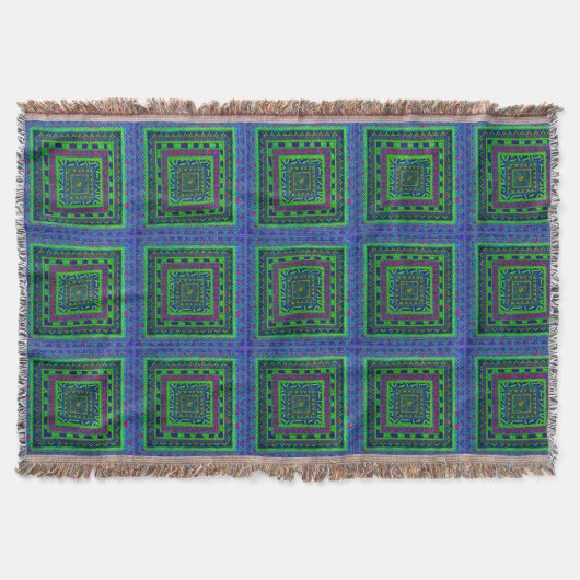 Lime Green Blue Aztec Tribal Squares Patroon Deken (Voorkant)
