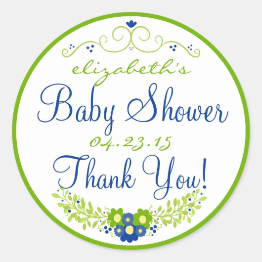 Lime Green & Blue Baby shower- Bloemen Ronde Sticker (Voorkant)