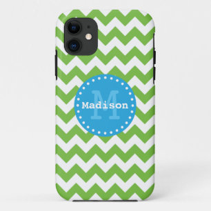Lime Green Blue Chevron Zigzag Monogram iPhone 11 Hoesje