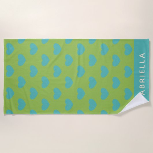 Lime Green Blue Cute Heart Pattern, gepersonalisee Strandlaken (Voorkant)