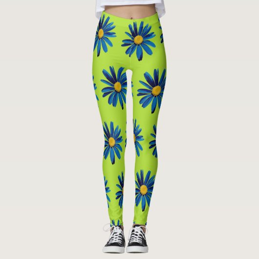 Lime Green & Blue Daisies Pop Art Leggings (Voorkant)