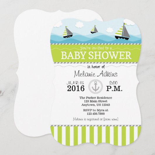 Lime Green Blue Nautical Baby shower Invitation Kaart (Voorkant / Achterkant)