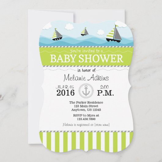 Lime Green Blue Nautical Baby shower Invitation Kaart (Voorkant)