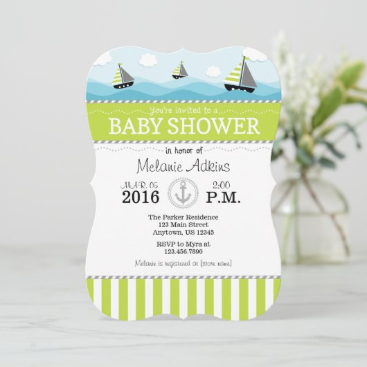 Lime Green Blue Nautical Baby shower Invitation Kaart (Staand voorkant)