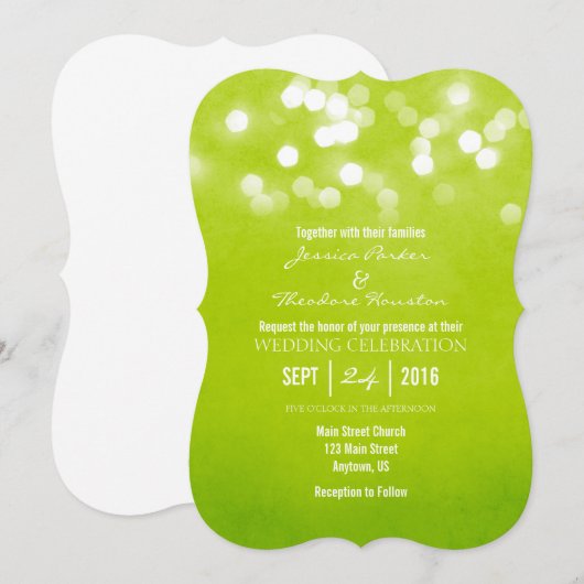 Lime Green Bokeh Glitter Lights Huwelijksuitnodigi Kaart (Voorkant / Achterkant)