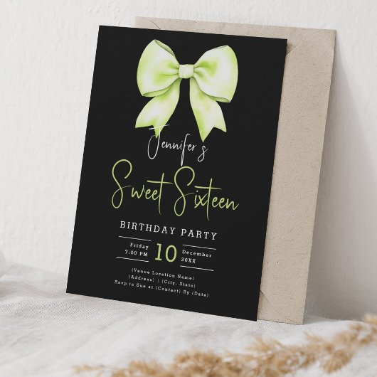 Lime Green Bow Coquette Script Sweet 16 Black Kaart