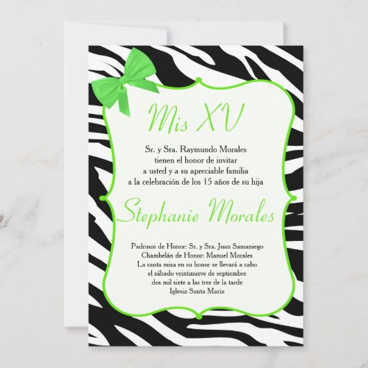 Lime Green Bow en Zebra Quinceanera Uitnodiging (Voorkant)