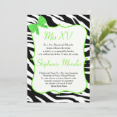 Lime Green Bow en Zebra Quinceanera Uitnodiging (Staand voorkant)
