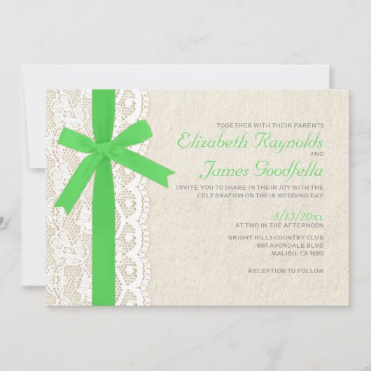 Lime Green Bow & Lace Wedding Invitations Kaart (Voorkant)