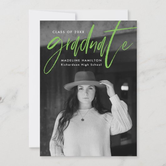 Lime Green Brush Script 4 Photo Afstuderen Aankondiging (Voorkant)