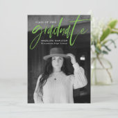 Lime Green Brush Script 4 Photo Afstuderen Aankondiging (Staand voorkant)