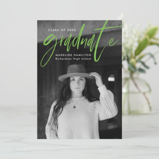 Lime Green Brush Script 4 Photo Afstuderen Aankondiging (Staand voorkant)