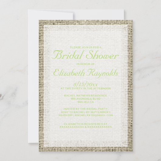 Lime Green Burlap Bridal Shower Invitations Kaart (Voorkant)