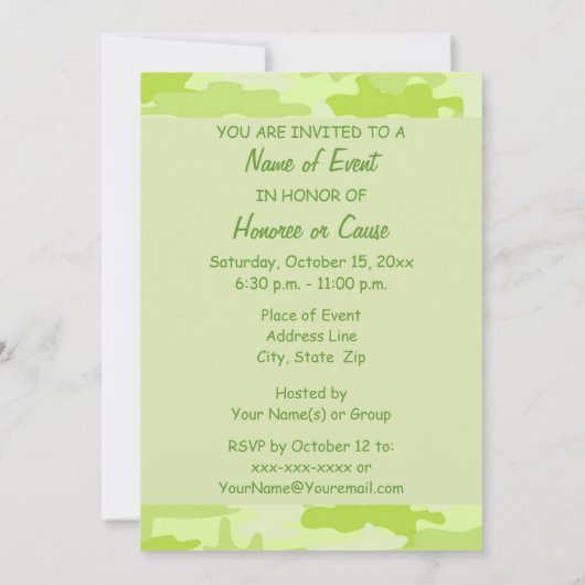 Lime Green Camouflage Party Event Kaart (Achterkant)