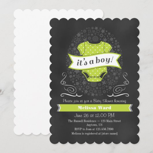 Lime Green Chalkboard Boy Baby shower Invite Kaart (Voorkant / Achterkant)