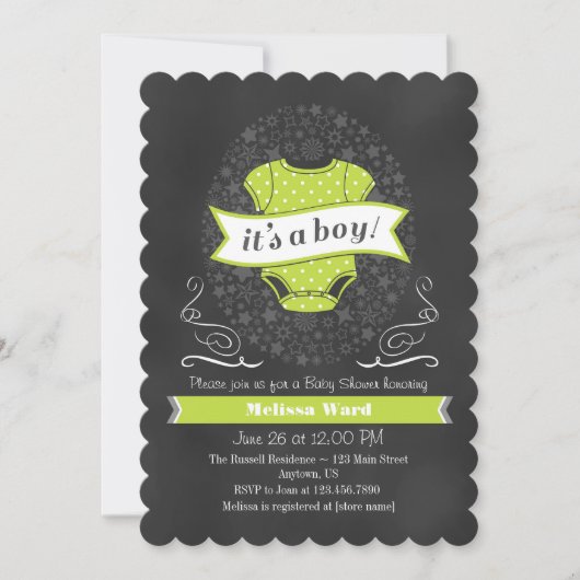 Lime Green Chalkboard Boy Baby shower Invite Kaart (Voorkant)