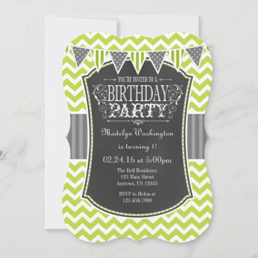 Lime Green Chalkboard Chevron verjaardagsuitnodigi Kaart (Voorkant)