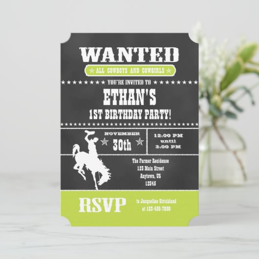 Lime Green Chalkboard Cowboy Birthday Uitnodiging (Staand voorkant)