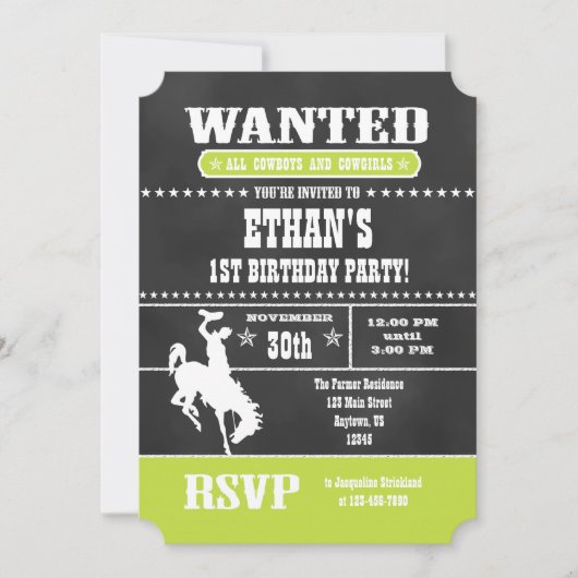 Lime Green Chalkboard Cowboy Birthday Uitnodiging (Voorkant)