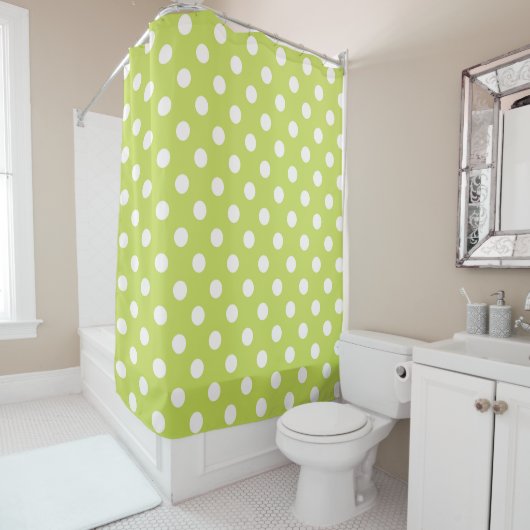 Lime Green Chartreuse & White Polka Dots Dot Dot Douchegordijn (In situ)