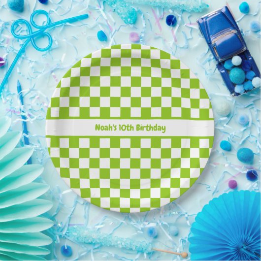 Lime Green Checked Pattern Gepersonaliseerd Papieren Bordje (Feest)