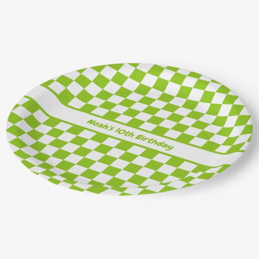 Lime Green Checked Pattern Gepersonaliseerd Papieren Bordje (Gekanteld)