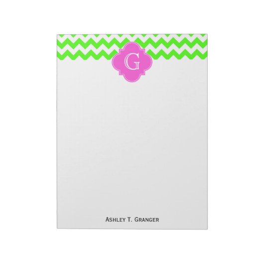 Lime Green Chevron Hot Pink Quatrefoil Monogram Notitieblok (Linkerzijde)