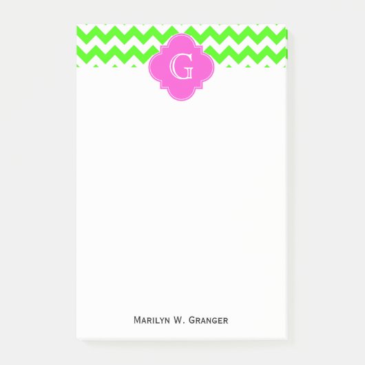 Lime Green Chevron Hot Pink Quatrefoil Monogram Post-it® Notes (Voorkant)