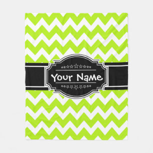 Lime Green Chevron met zwarte persoonlijke naam Fleece Deken