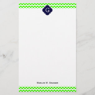 Lime Green Chevron Navy Blue Quatrefoil Monogram Briefpapier