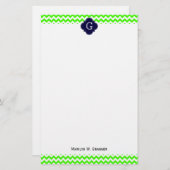 Lime Green Chevron Navy Blue Quatrefoil Monogram Briefpapier (Voorkant / Achterkant)