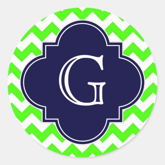 Lime Green Chevron Navy Blue Quatrefoil Monogram Ronde Sticker (Voorkant)