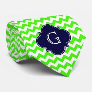 Lime Green Chevron Navy Blue Quatrefoil Monogram Stropdas