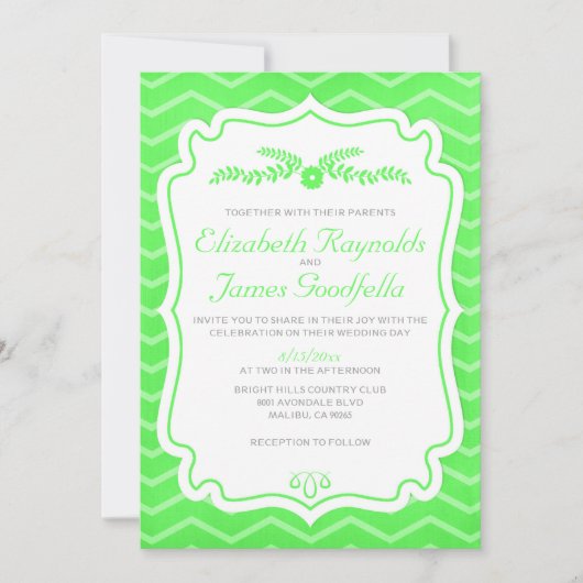 Lime Green Chevron Stripes Wedding Invitations Kaart (Voorkant)