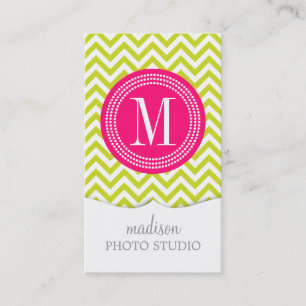 Lime Green Chevron Zigzag gepersonaliseerd Monogra Visitekaartje