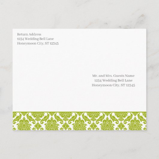 Lime Green Damask op witte bruiloft uitnodiging (Achterkant)