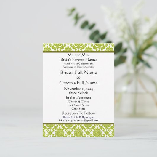 Lime Green Damask op witte bruiloft uitnodiging (Staand voorkant)