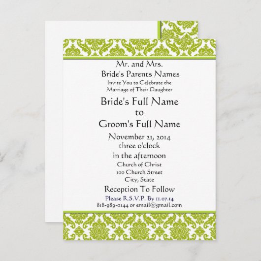 Lime Green Damask op witte bruiloft uitnodiging (Voorkant / Achterkant)