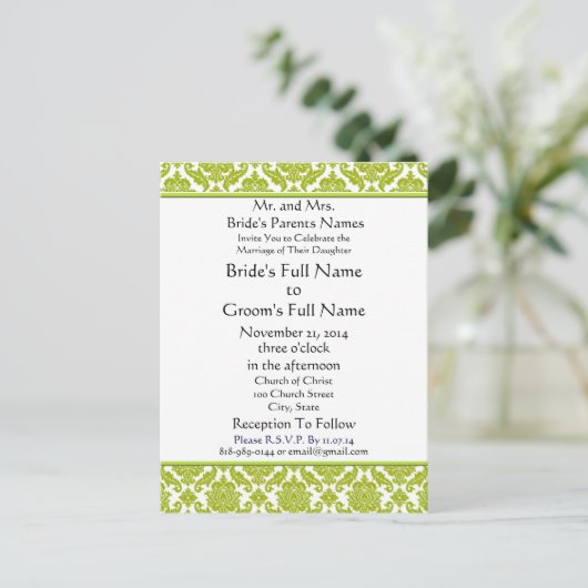 Lime Green Damask op witte bruiloft uitnodiging (Staand voorkant)