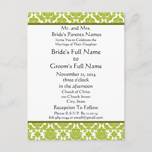 Lime Green Damask op witte bruiloft uitnodiging Briefkaart (Voorkant)