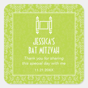 Lime Green Damask Torah Bat Mitzvah Vierkante Sticker