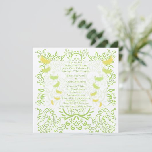 Lime Green Damask Wedding Invitation Kaart (Staand voorkant)
