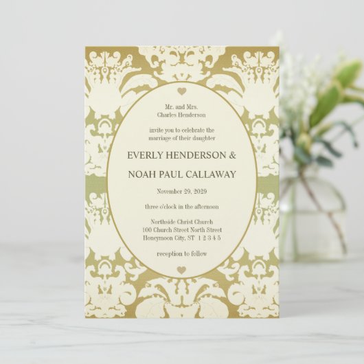 Lime Green Damask Wedding Invitation Kaart (Staand voorkant)