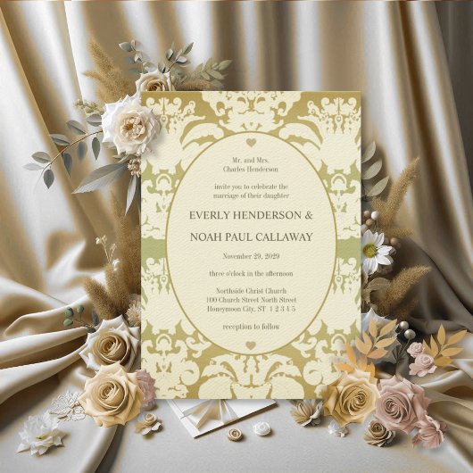 Lime Green Damask Wedding Invitation Kaart